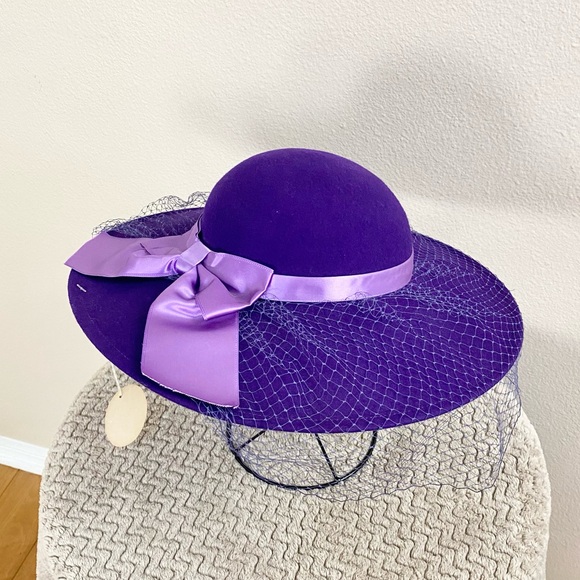 NWT. DOESKIN | Vintage Purple Mesh And Bow Wide Brim Hat OS - Picture 7 of 12